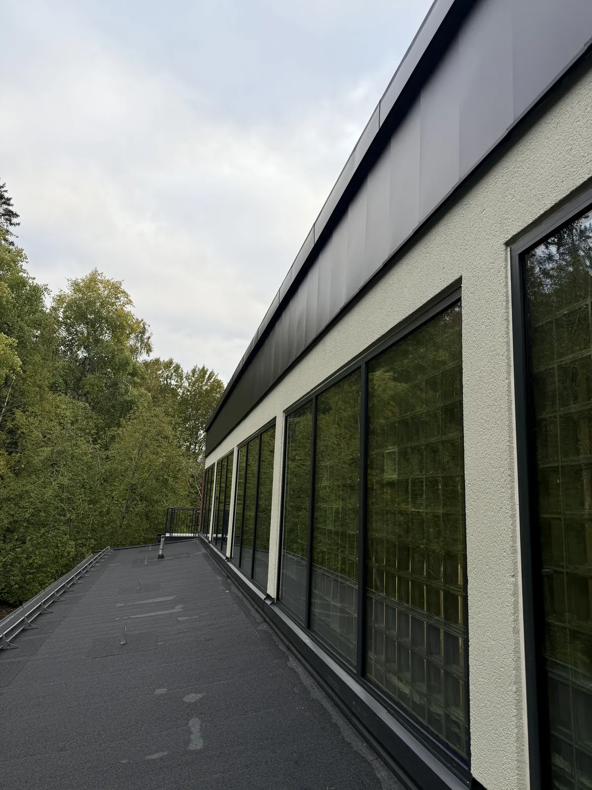 Långsträckt byggnadskropp med glasparti och asfalterad gång längs fasaden